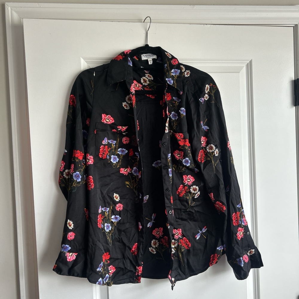 Express Black and Red Floral Biker Jacket